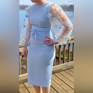 3D Appliqués Mesh Sleeve Corset Belted Pencil Dress